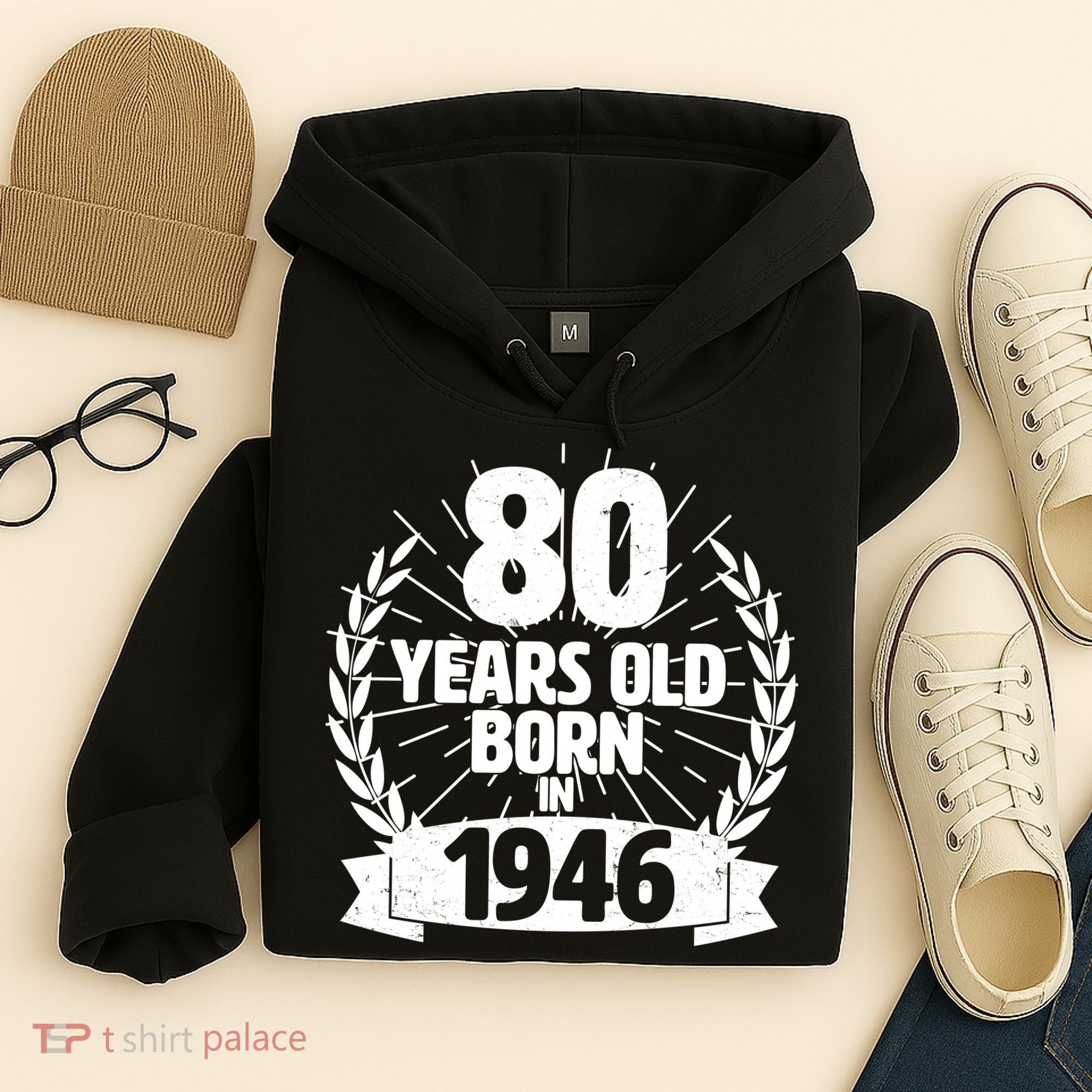 80th Birthday 80 Years Old Born In 1946 Wreath Banner  Hoodie