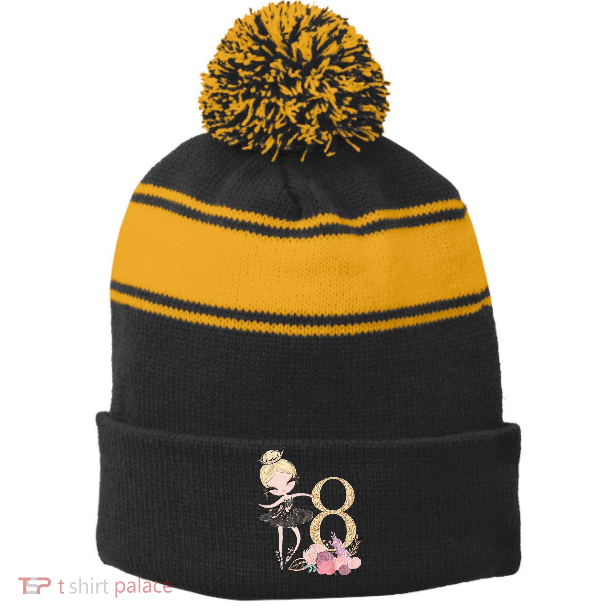 8th Birthday Ballerina Dancer Ballet Black Tutu Stripe Pom Pom Beanie