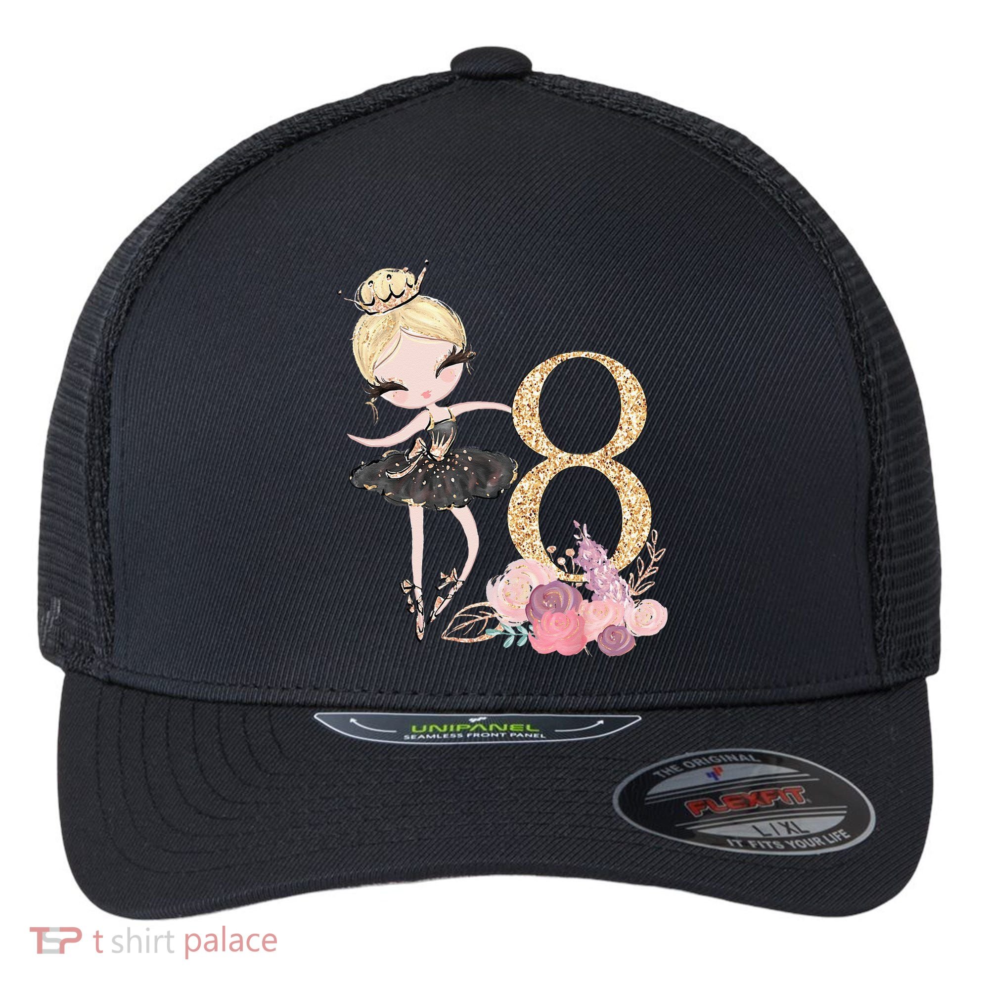 8th Birthday Ballerina Dancer Ballet Black Tutu Flexfit Unipanel Trucker Cap