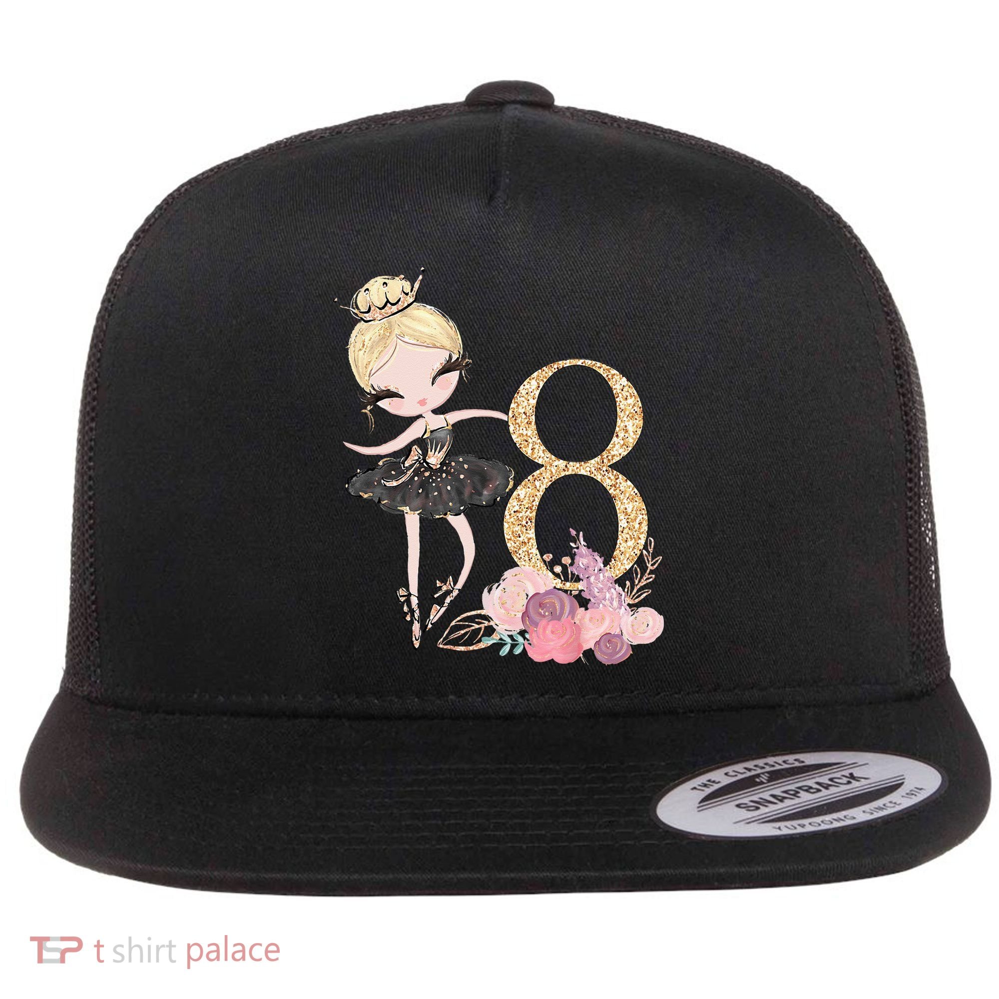 8th Birthday Ballerina Dancer Ballet Black Tutu Flat Bill Trucker Hat