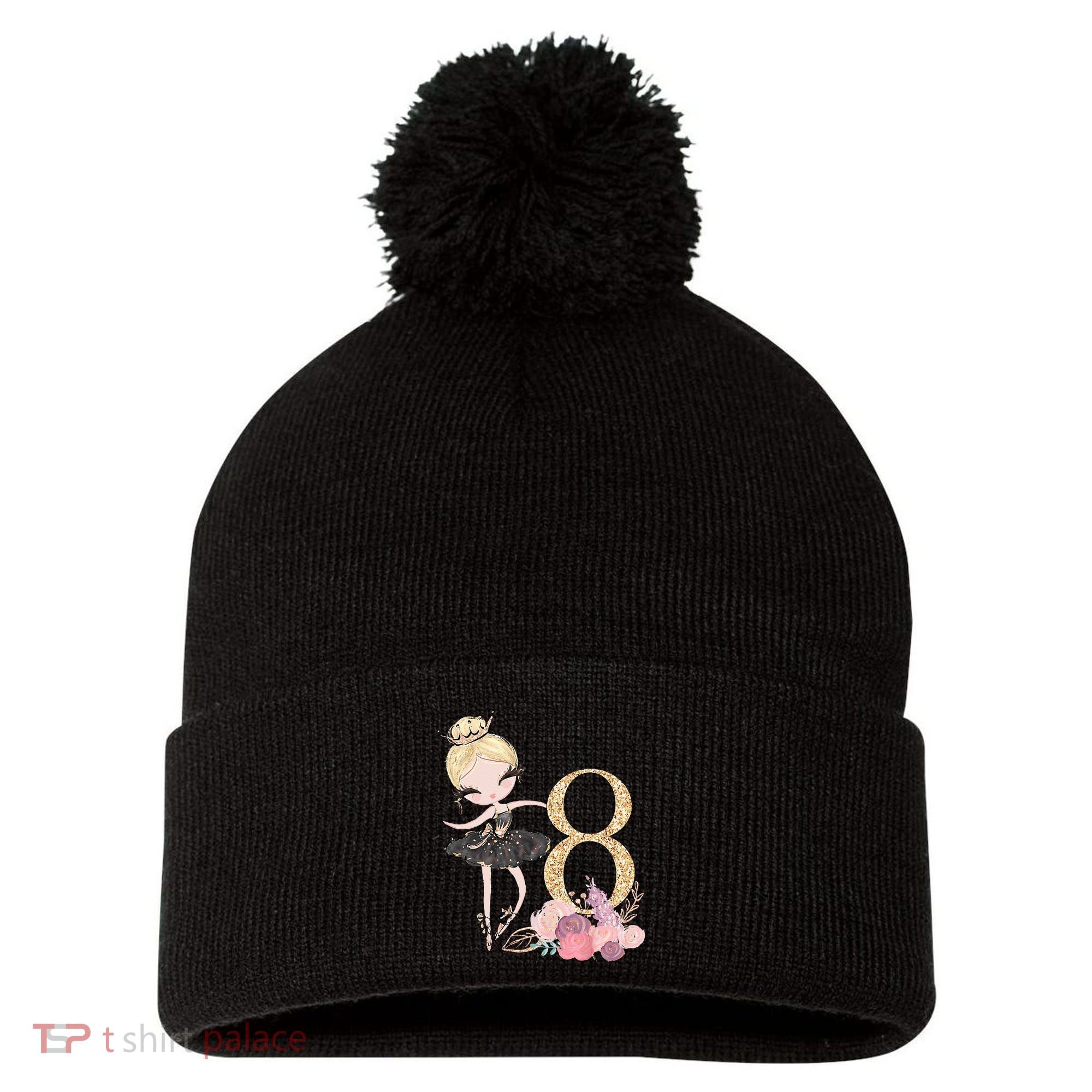 8th Birthday Ballerina Dancer Ballet Black Tutu Pom Pom 12in Knit Beanie