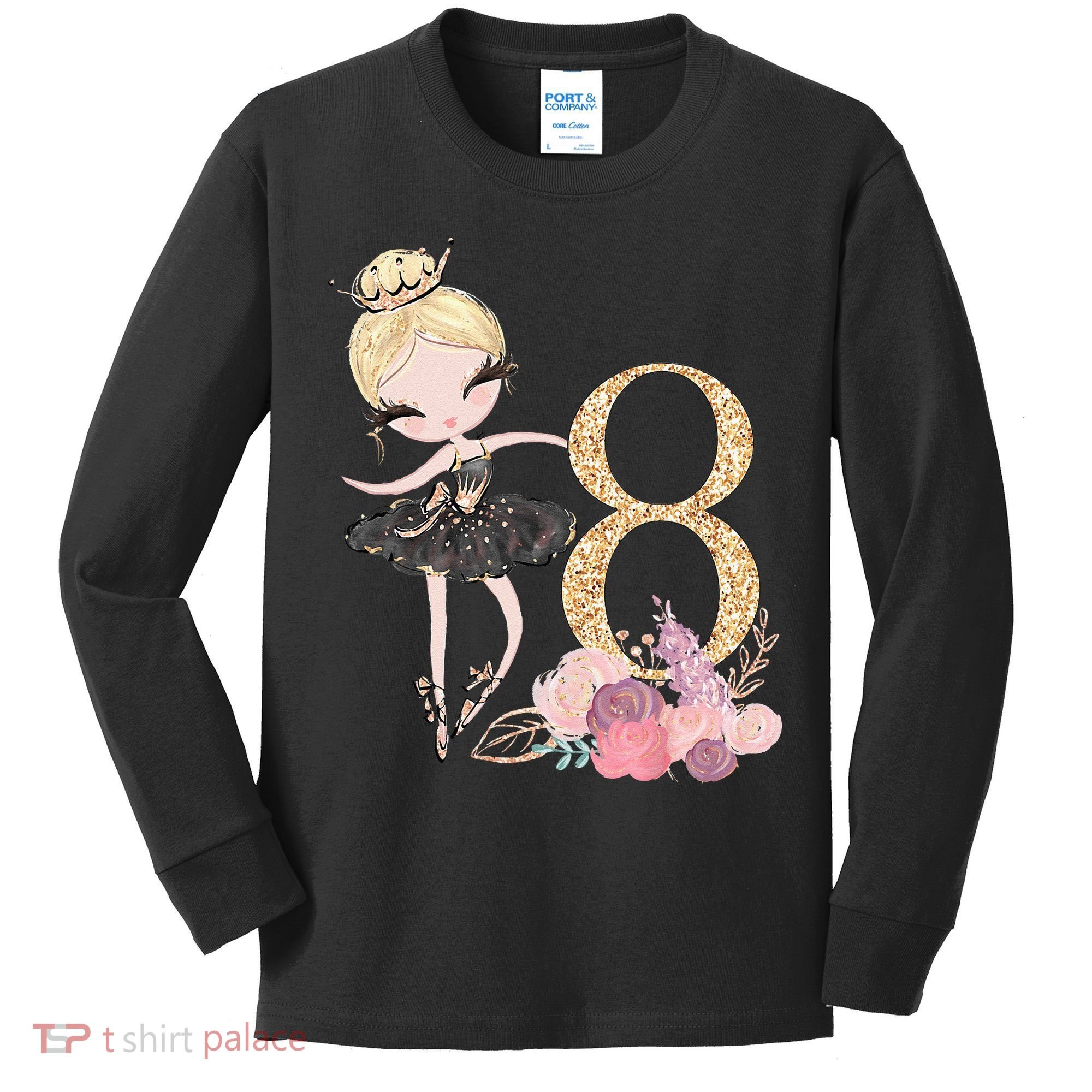 8th Birthday Ballerina Dancer Ballet Black Tutu Kids Long Sleeve Shirt