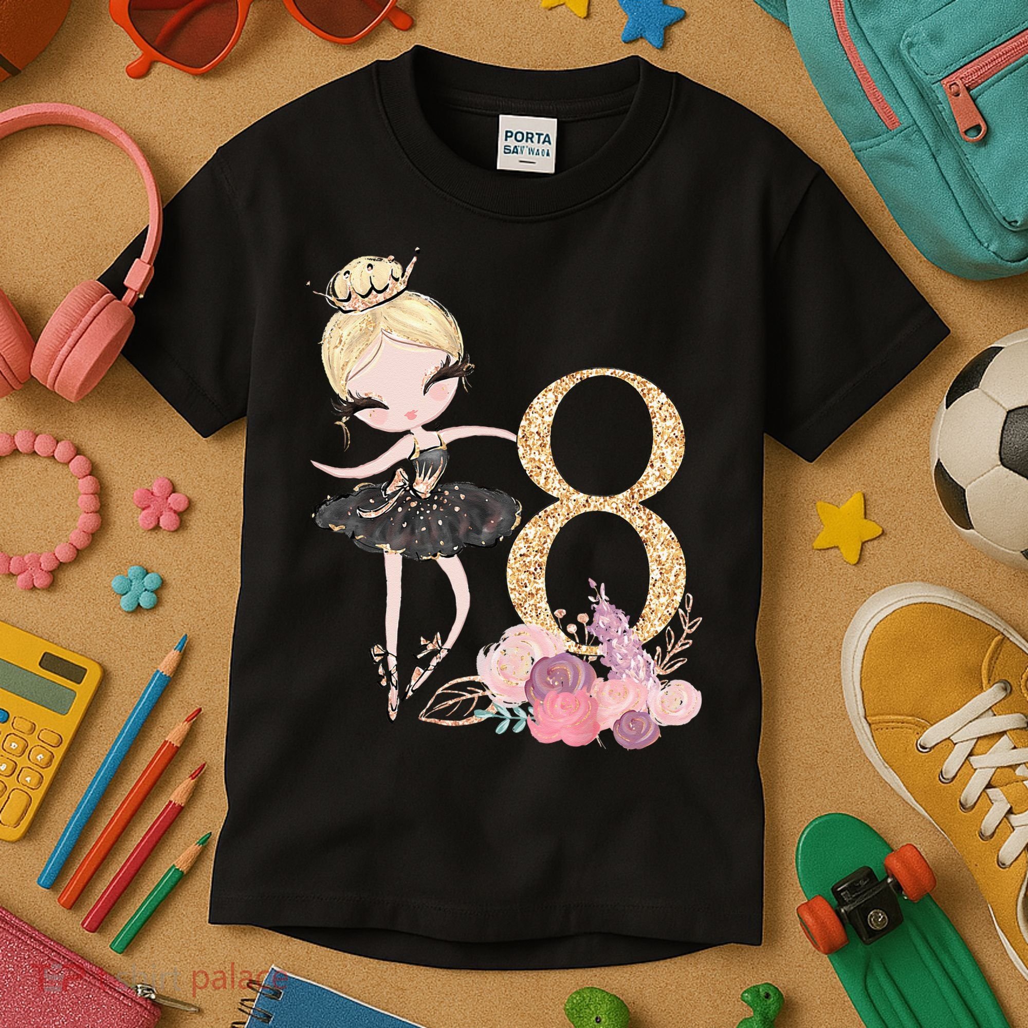 8th Birthday Ballerina Dancer Ballet Black Tutu Kids T-Shirt
