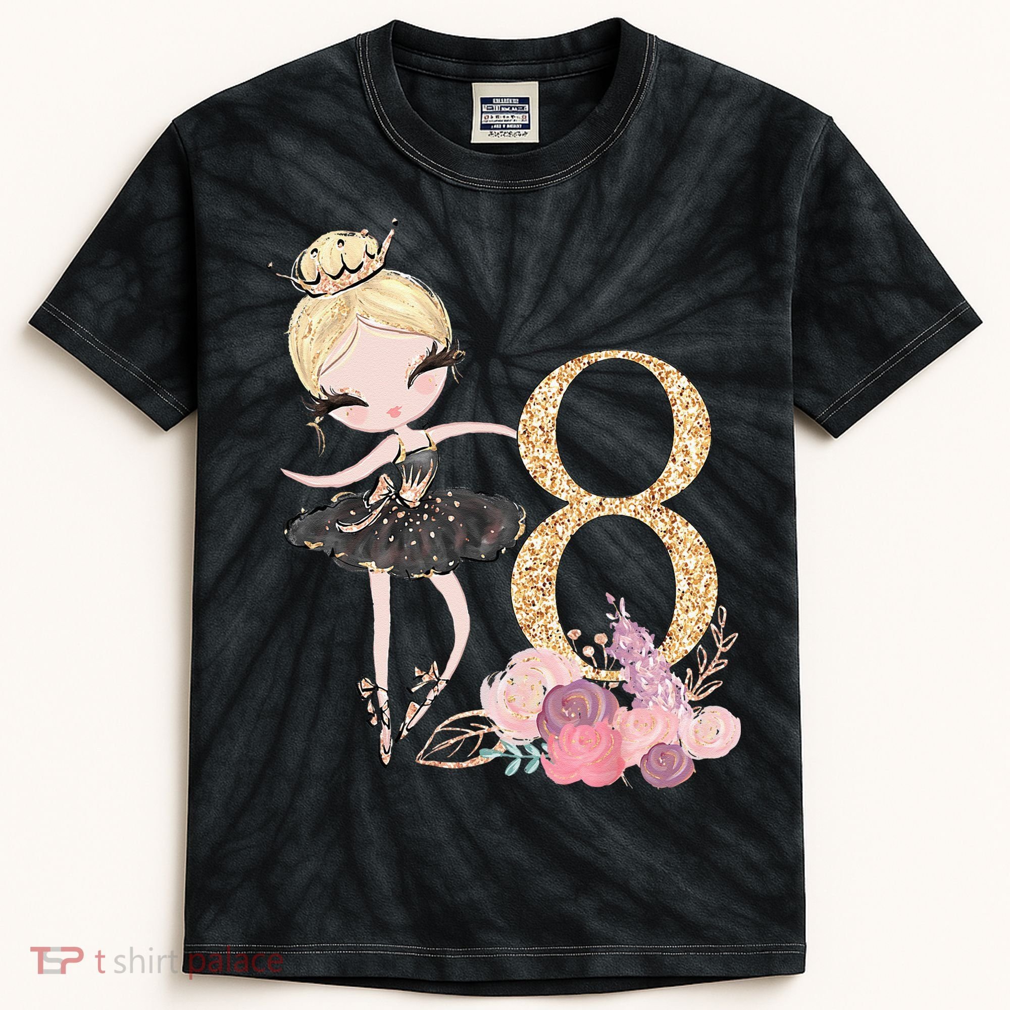 8th Birthday Ballerina Dancer Ballet Black Tutu Kids Tie-Dye T-Shirt