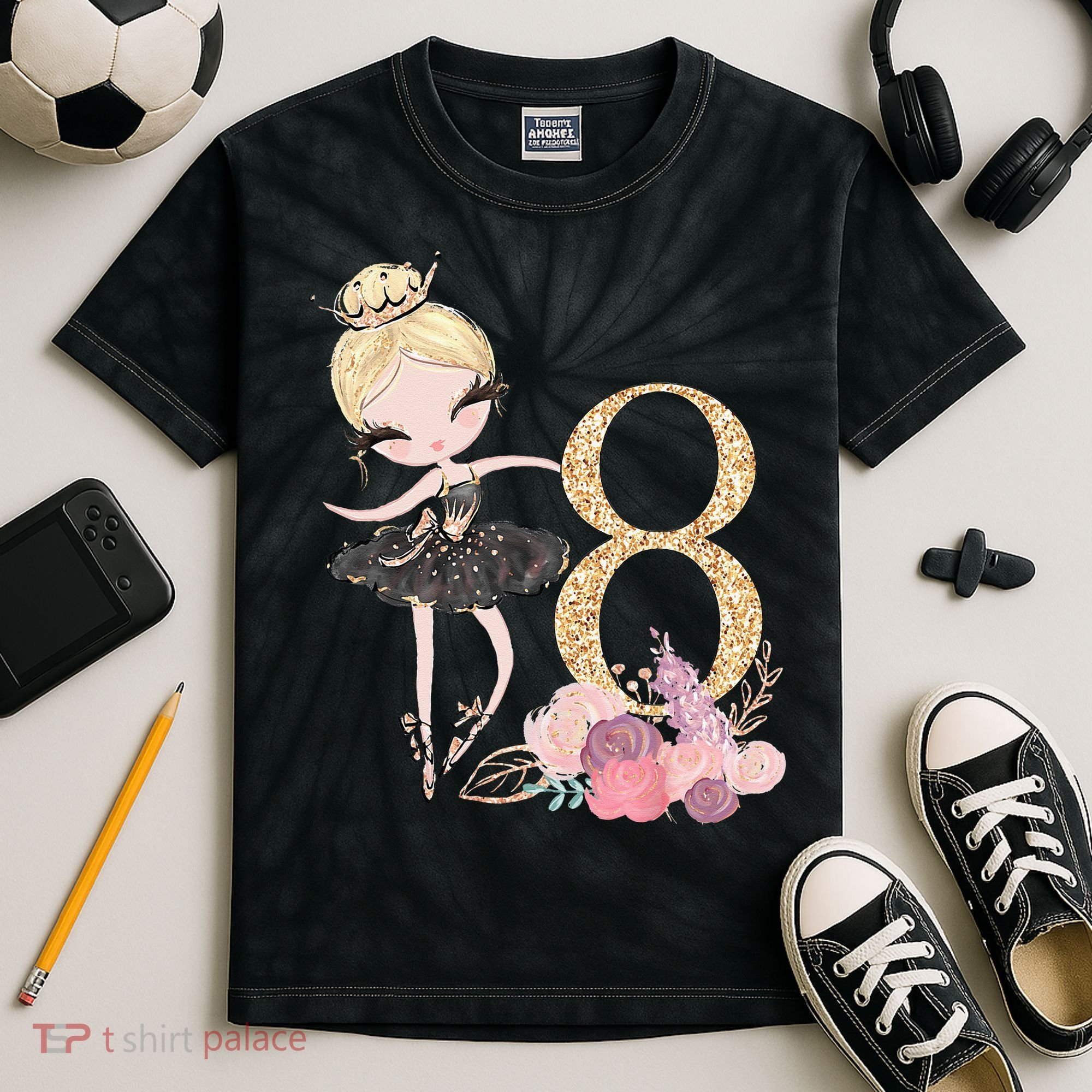 8th Birthday Ballerina Dancer Ballet Black Tutu Kids Tie-Dye T-Shirt