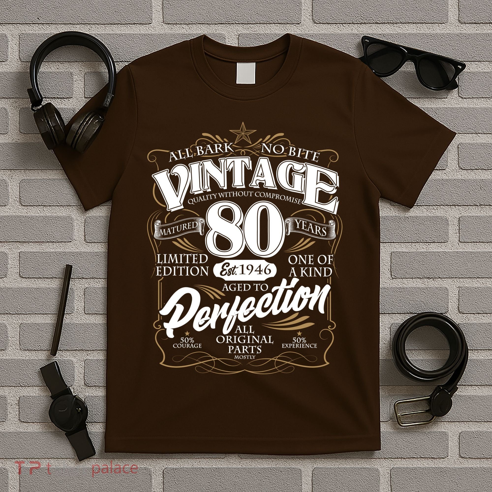 80th Birthday Est 1946 All Bark No Bite Vintage Birthday  T-Shirt