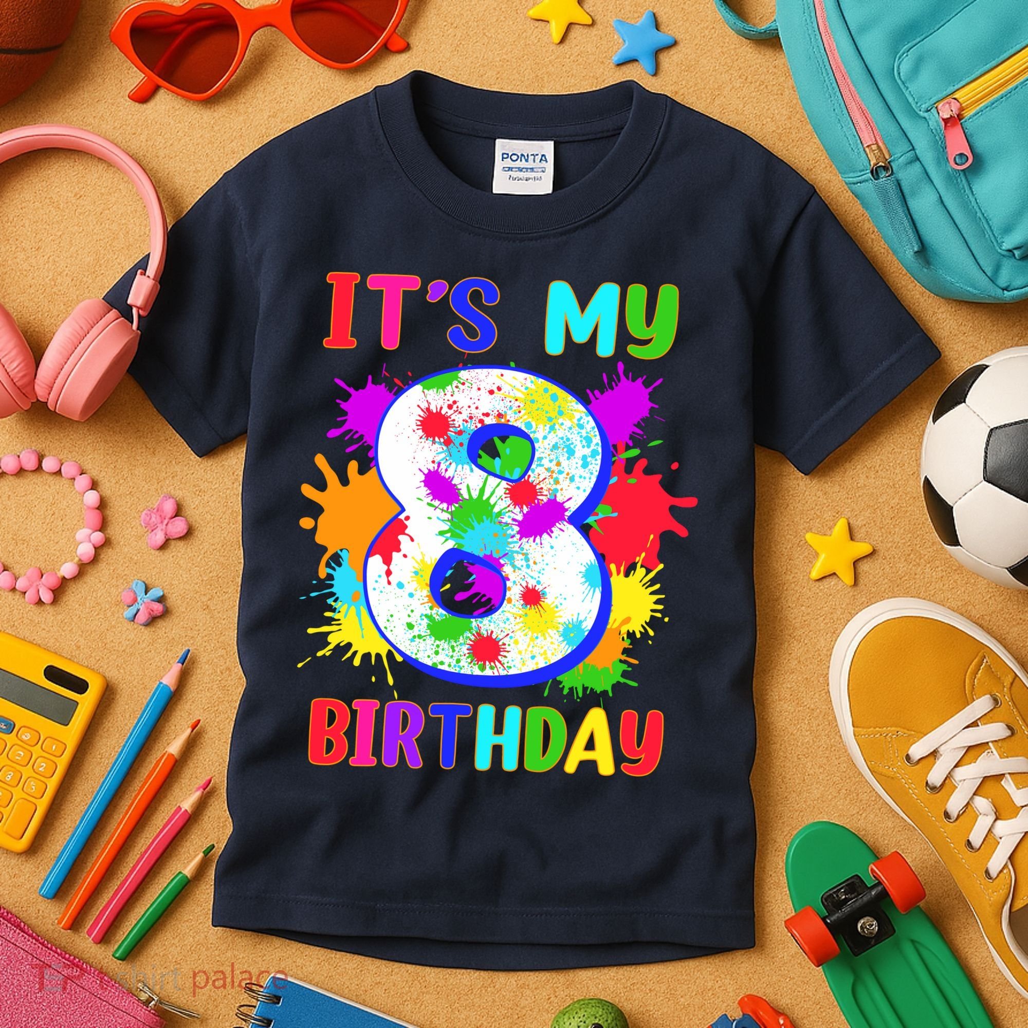 8th Birthday Paint Splashes Art 8 Year Old Boy Girl Kids T-Shirt