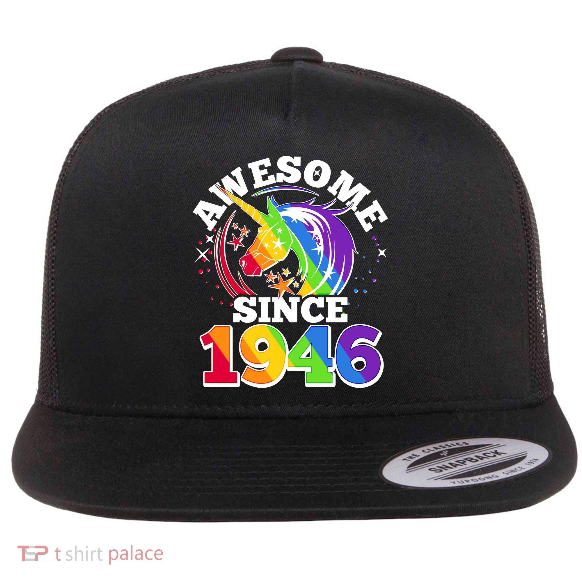 80th Birthday Rainbow Unicorn Awesome Since 1946 Flat Bill Trucker Hat