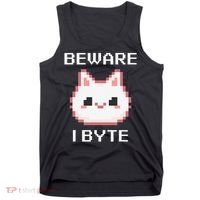 8-Bit Cute Vampire Cat Pixel Funny Video Game Beware I Byte Tank Top thumb 0