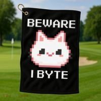 8-Bit Cute Vampire Cat Pixel Funny Video Game Beware I Byte Golf Towel thumb 1