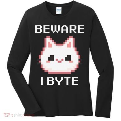 8-Bit Cute Vampire Cat Pixel Funny Video Game Beware I Byte Women's Long Sleeve Shirt