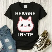 8-Bit Cute Vampire Cat Pixel Funny Video Game Beware I Byte Women's T-Shirt thumb 3