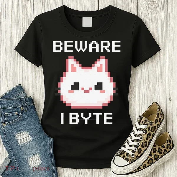 8-Bit Cute Vampire Cat Pixel Funny Video Game Beware I Byte Women's T-Shirt
