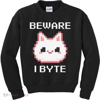 8-Bit Cute Vampire Cat Pixel Funny Video Game Beware I Byte Kids Sweatshirt