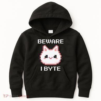 8-Bit Cute Vampire Cat Pixel Funny Video Game Beware I Byte Kids Hoodie