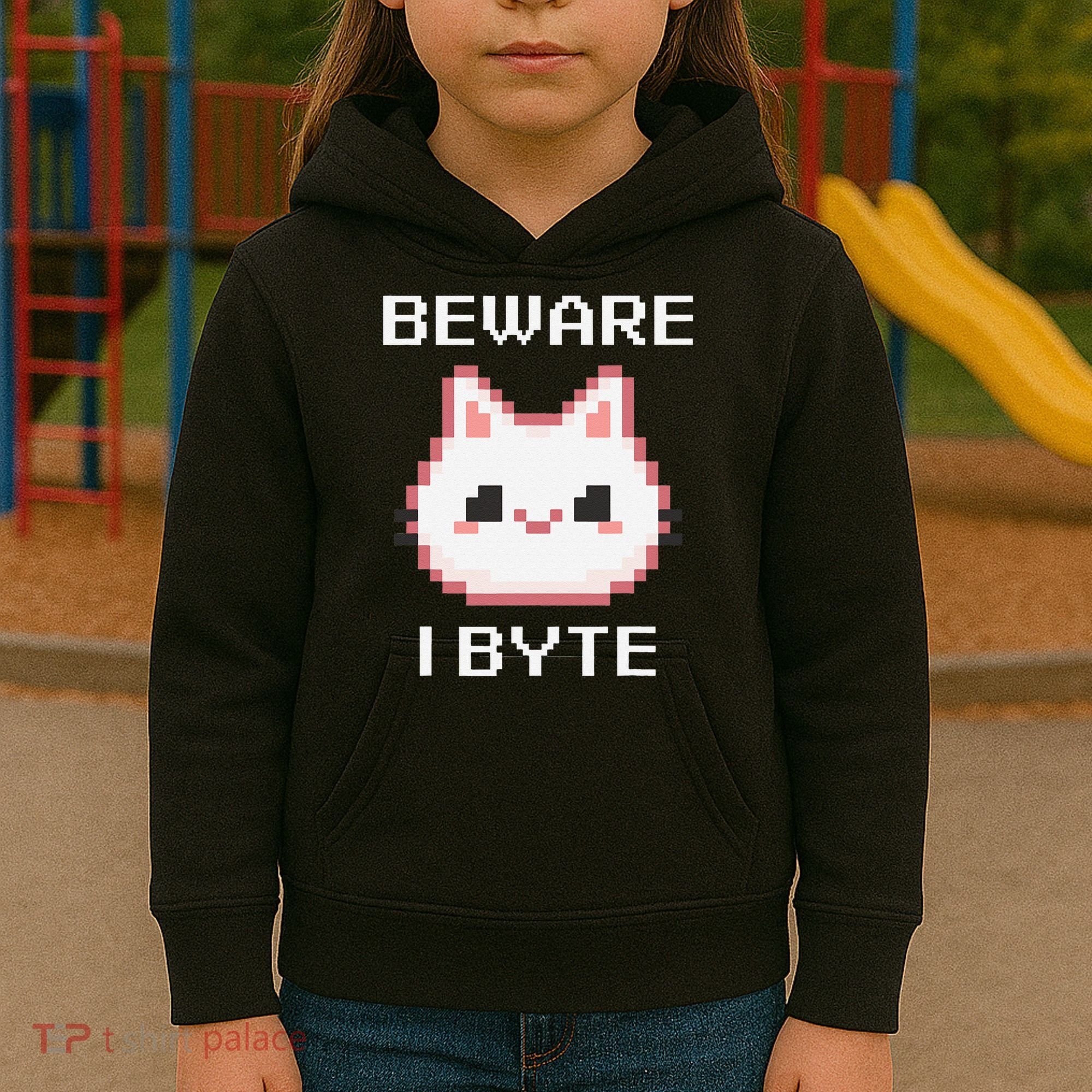 8-Bit Cute Vampire Cat Pixel Funny Video Game Beware I Byte Kids Hoodie