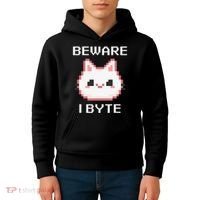 8-Bit Cute Vampire Cat Pixel Funny Video Game Beware I Byte Kids Hoodie thumb 4