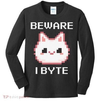 8-Bit Cute Vampire Cat Pixel Funny Video Game Beware I Byte Kids Long Sleeve Shirt
