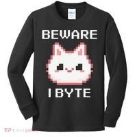 8-Bit Cute Vampire Cat Pixel Funny Video Game Beware I Byte Kids Long Sleeve Shirt thumb 0