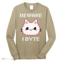 8-Bit Cute Vampire Cat Pixel Funny Video Game Beware I Byte Long Sleeve Shirt thumb 0
