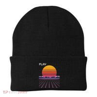 80s Grid Sunset Vaporwave Synthwave Outrun Beanie thumb 0