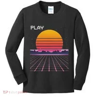 80s Grid Sunset Vaporwave Synthwave Outrun Kids Long Sleeve Shirt thumb 0