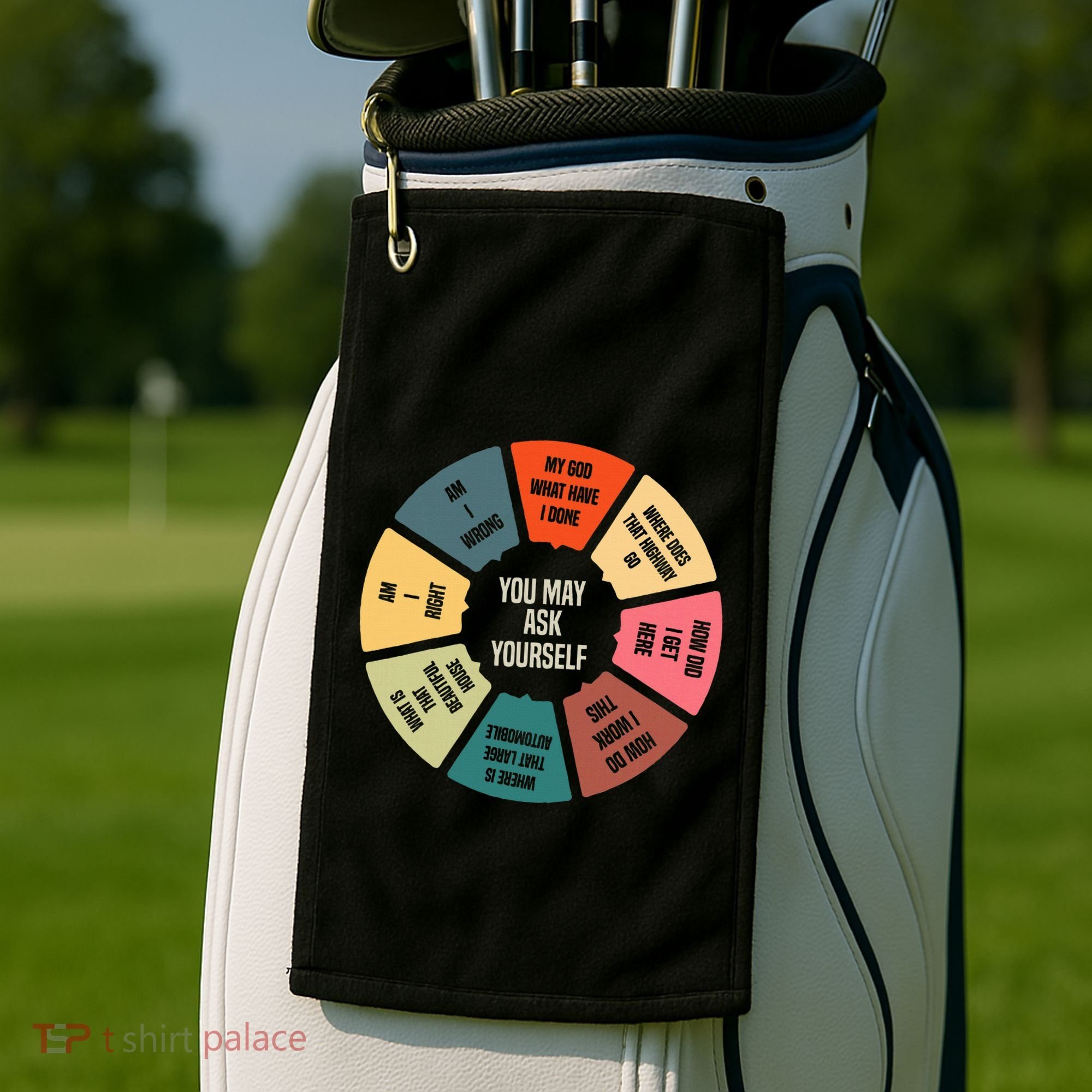 80S Music Retro Lyrics Pie Chart You May Ask Yourself Golf Towel