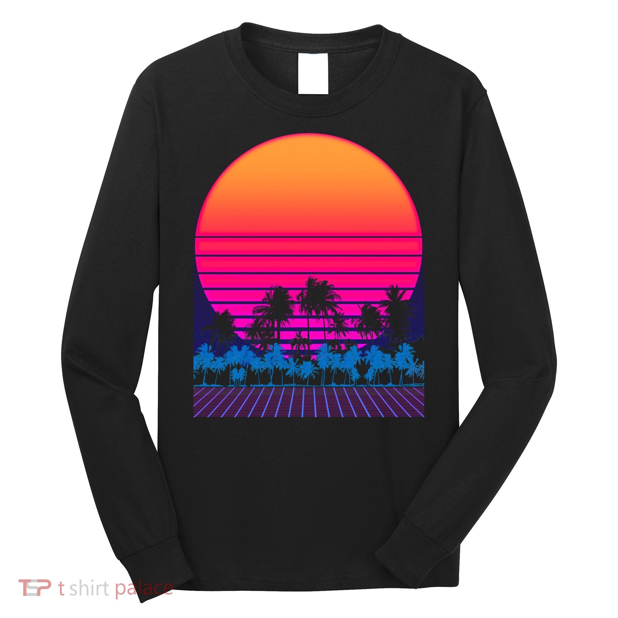 80s Vaporwave Retro Palm Trees Sunset Long Sleeve Shirt