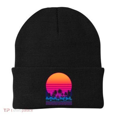 80s Vaporwave Retro Palm Trees Sunset Beanie