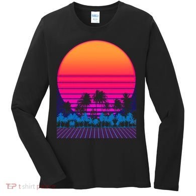 80s Vaporwave Retro Palm Trees Sunset Women's Long Sleeve Shirt
