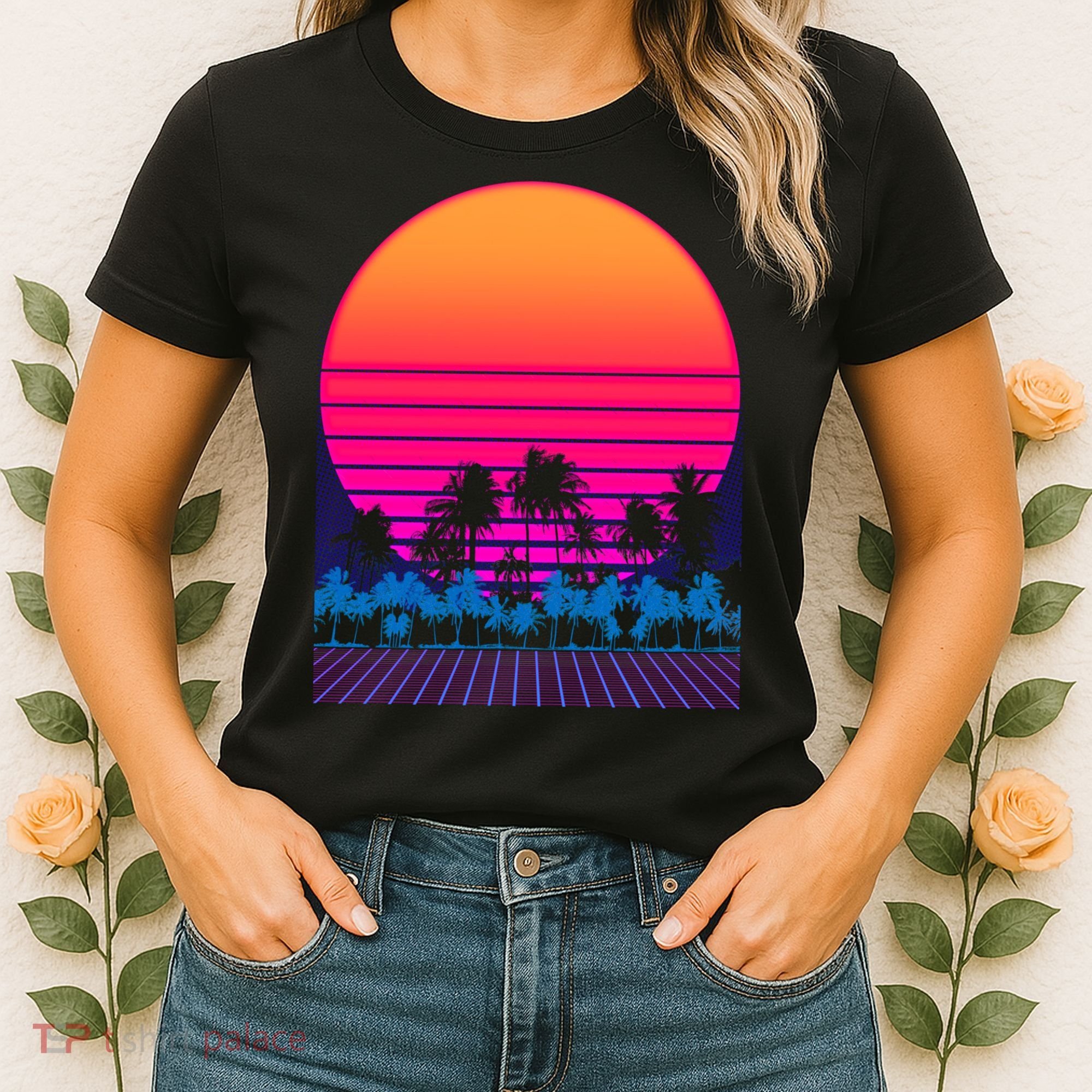 80s Vaporwave Retro Palm Trees Sunset Women's T-Shirt