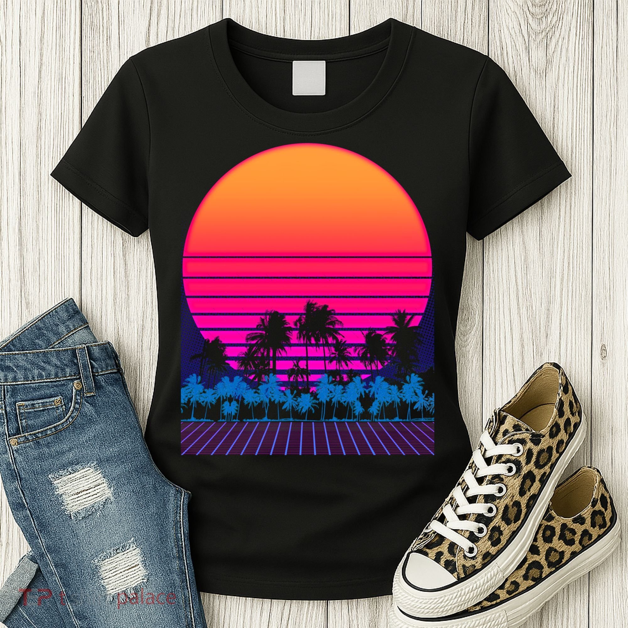 80s Vaporwave Retro Palm Trees Sunset Women's T-Shirt