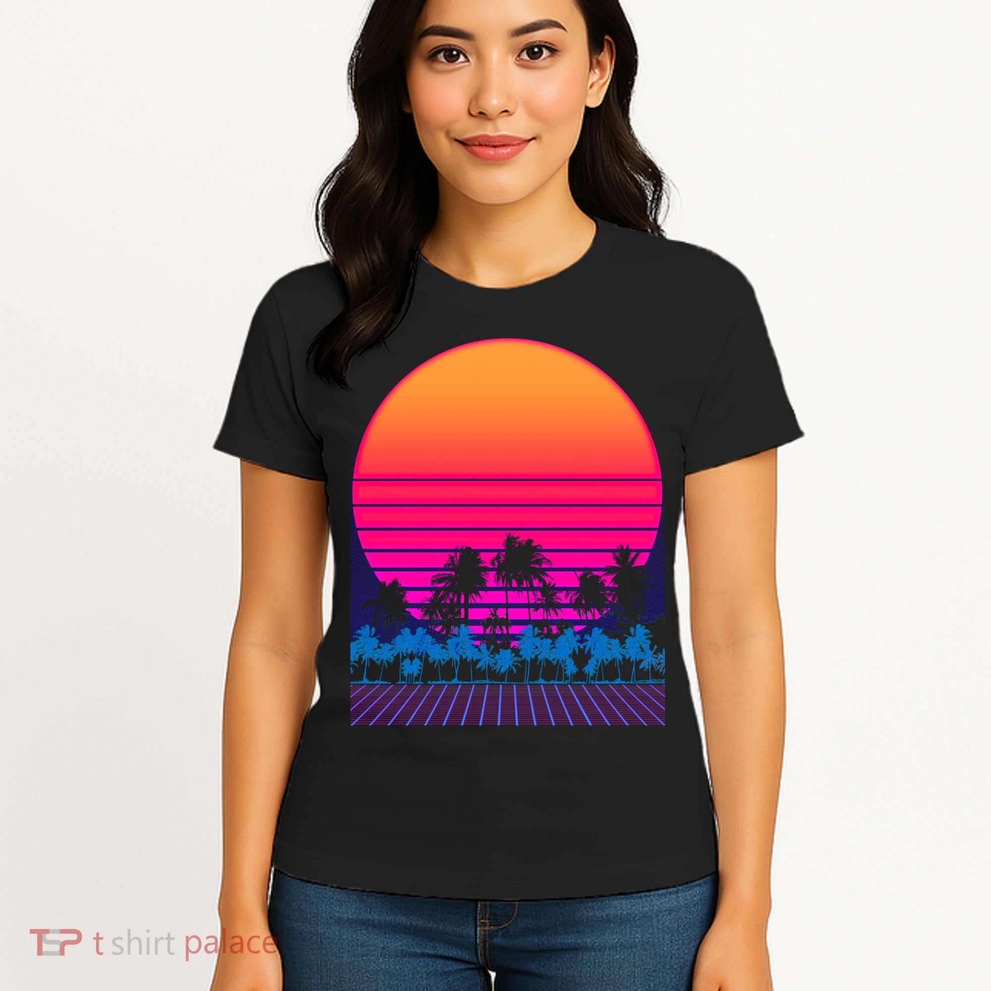 80s Vaporwave Retro Palm Trees Sunset Women's T-Shirt
