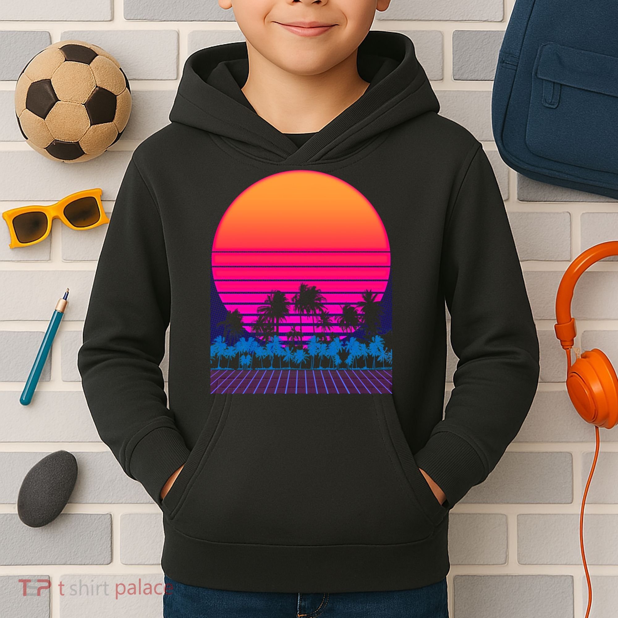 80s Vaporwave Retro Palm Trees Sunset Kids Hoodie