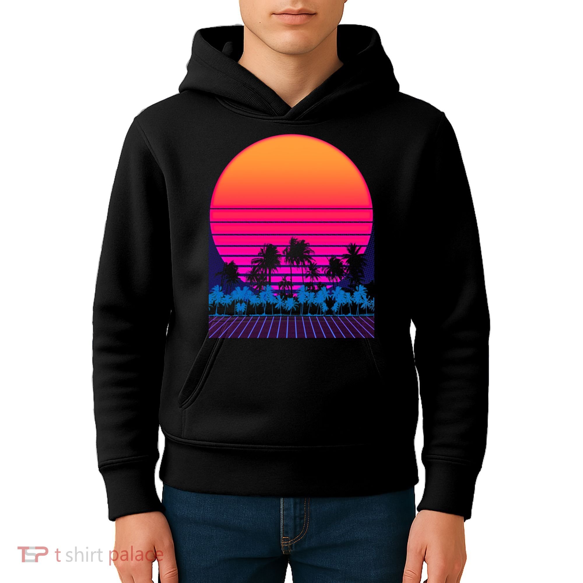 80s Vaporwave Retro Palm Trees Sunset Kids Hoodie