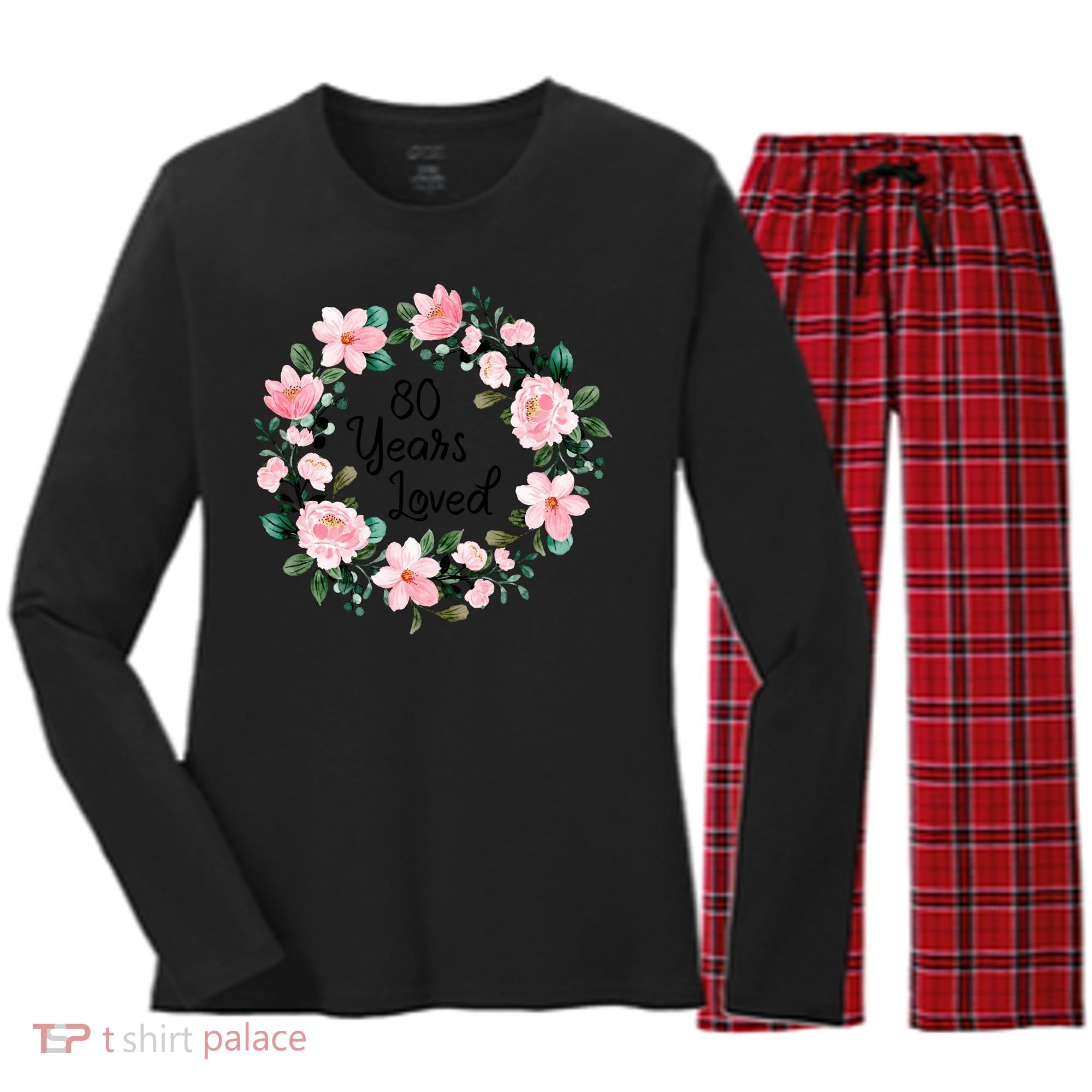 80 Years Loved 80 Years Old Floral 80th Birthday Women's Long Sleeve Flannel Pajama Set 