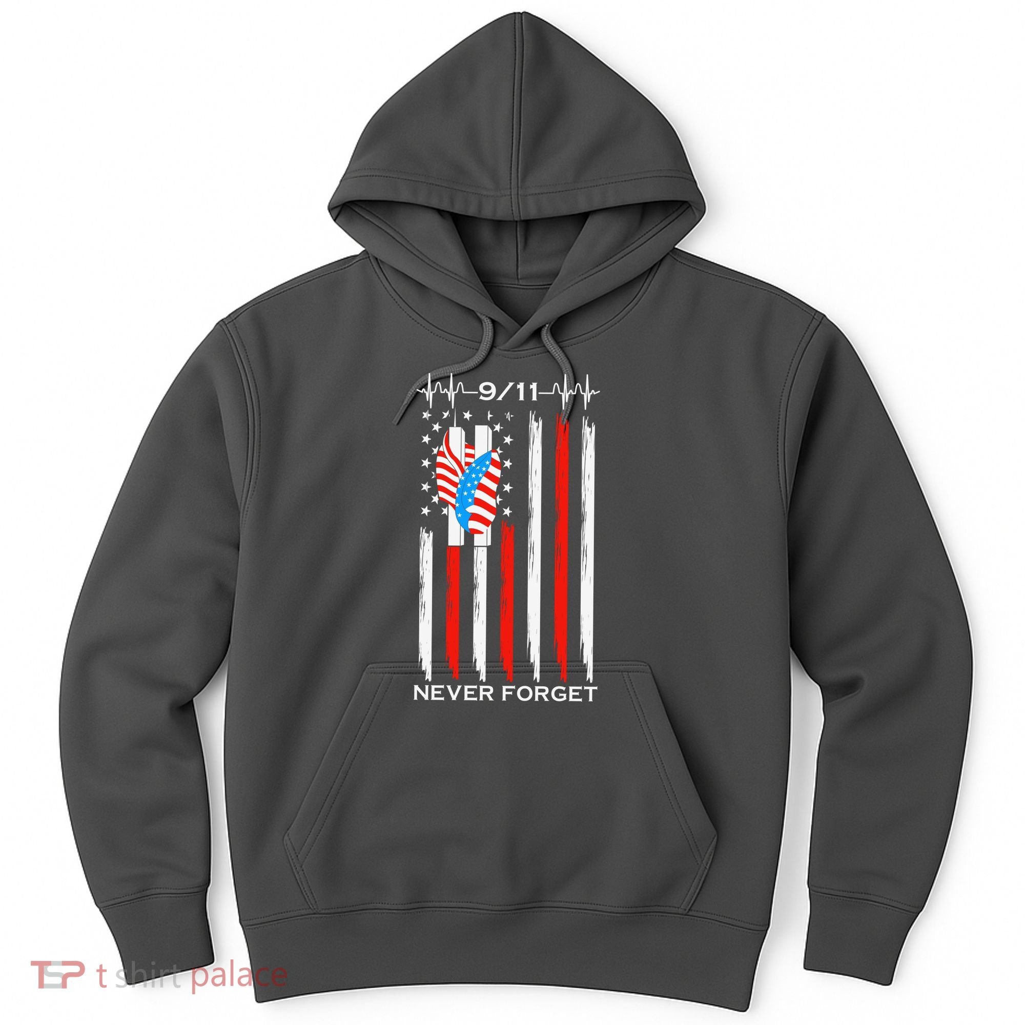 9 11 Never Forget, 9 11 Memorial Twin Tower Heartbeat, USA Flag Graphic Hoodie