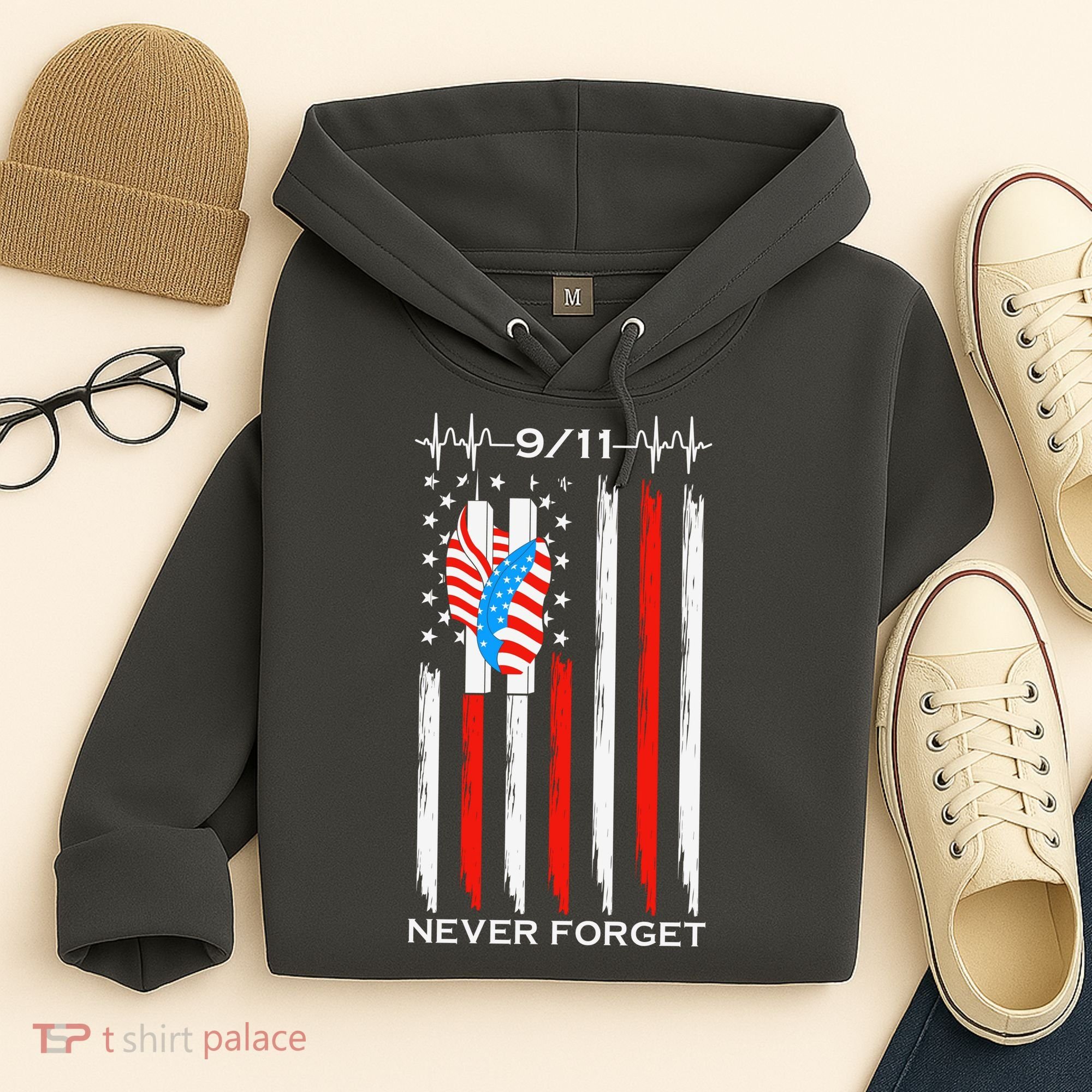 9 11 Never Forget, 9 11 Memorial Twin Tower Heartbeat, USA Flag Graphic Hoodie
