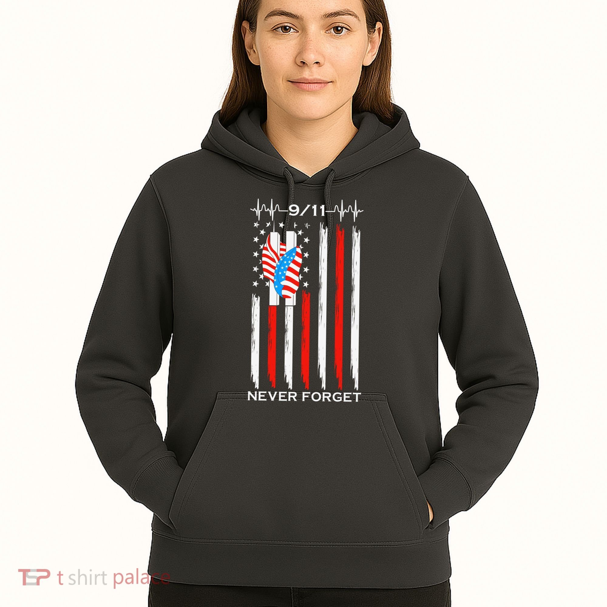 9 11 Never Forget, 9 11 Memorial Twin Tower Heartbeat, USA Flag Graphic Hoodie