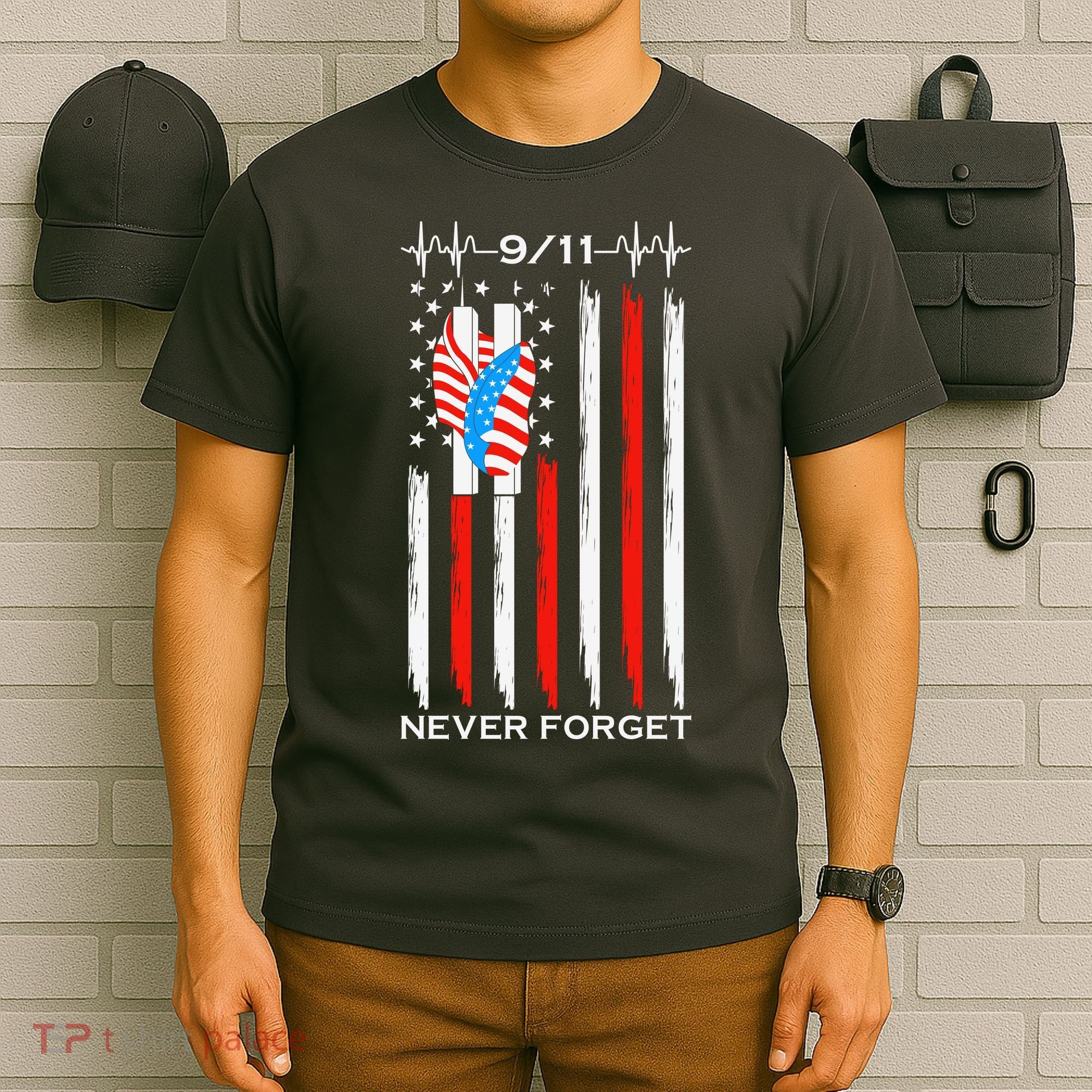 9 11 Never Forget, 9 11 Memorial Twin Tower Heartbeat, USA Flag Graphic T-Shirt