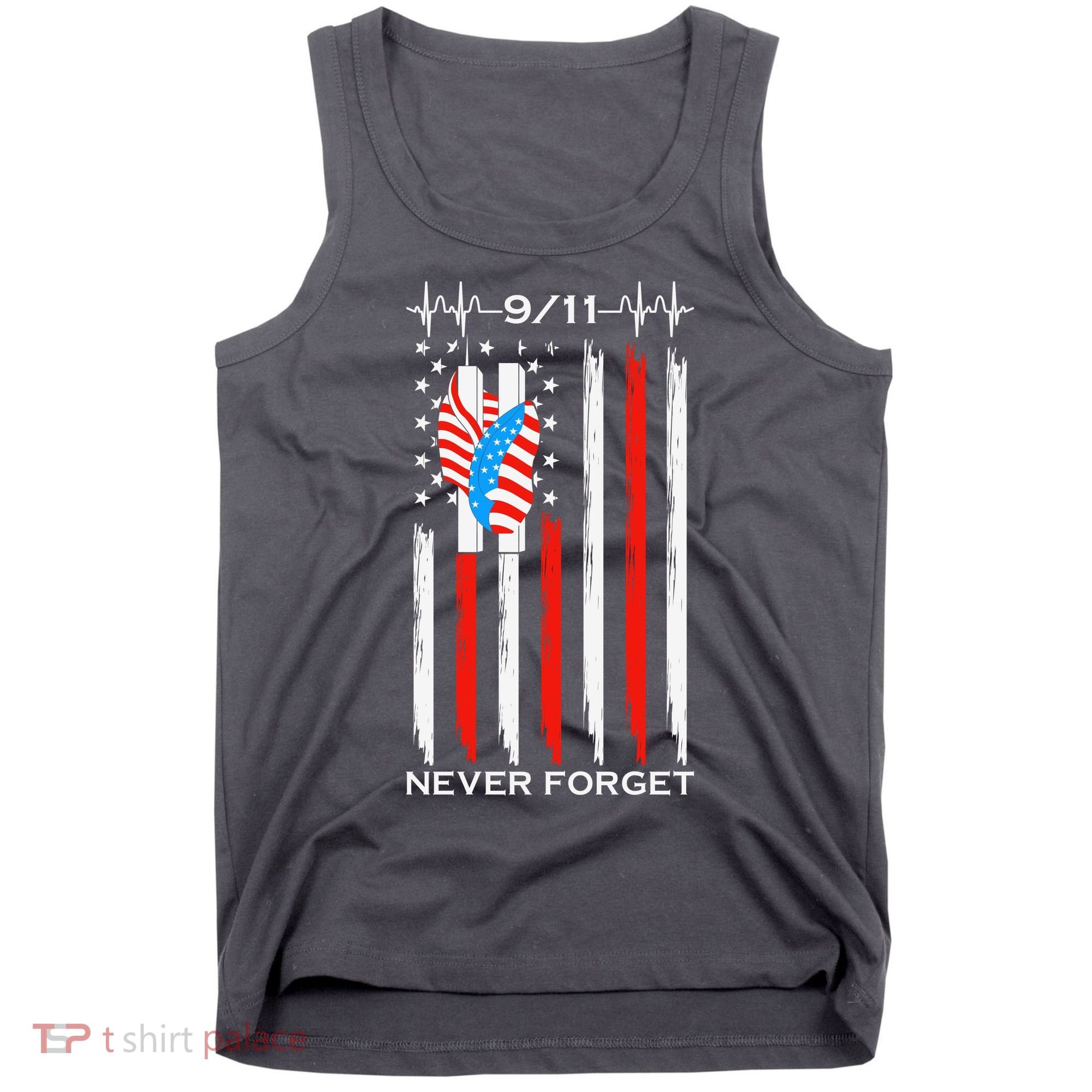 9 11 Never Forget, 9 11 Memorial Twin Tower Heartbeat, USA Flag Graphic Tank Top