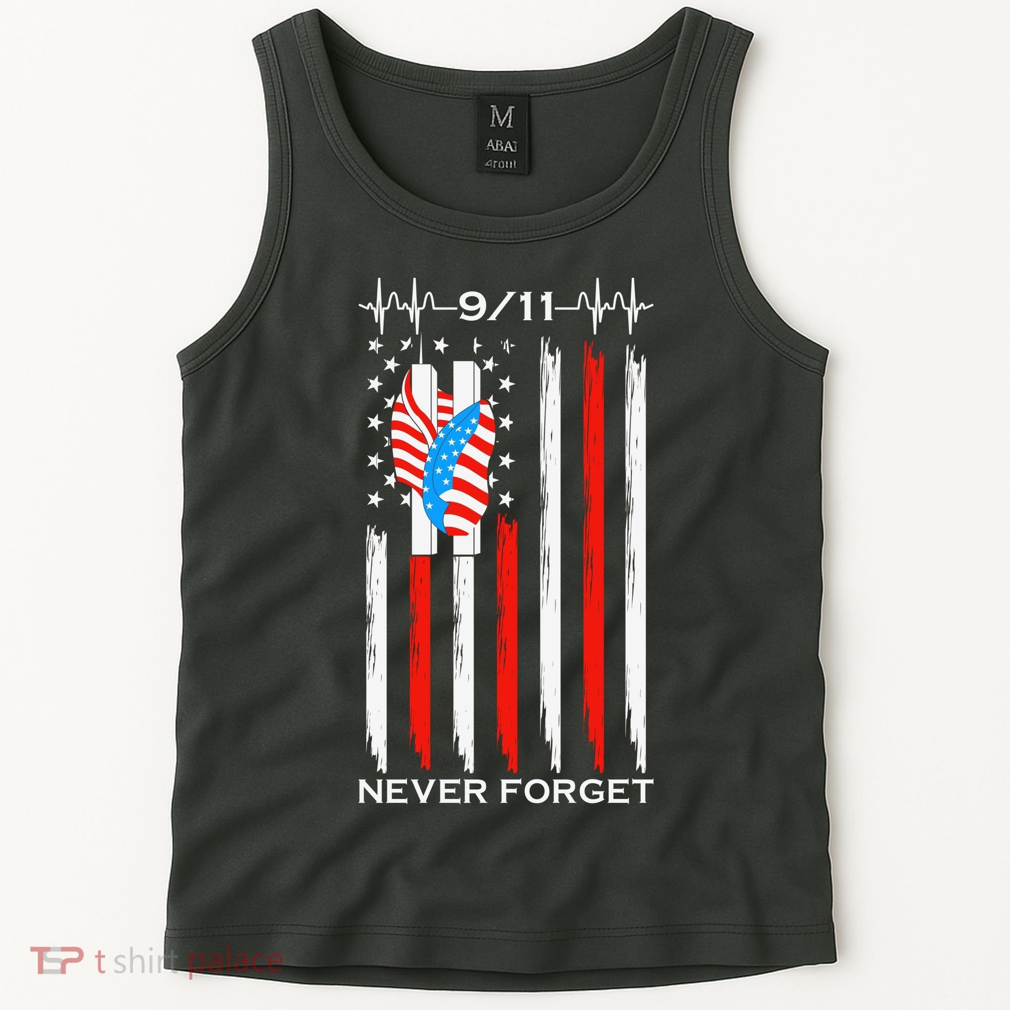 9 11 Never Forget, 9 11 Memorial Twin Tower Heartbeat, USA Flag Graphic Tank Top
