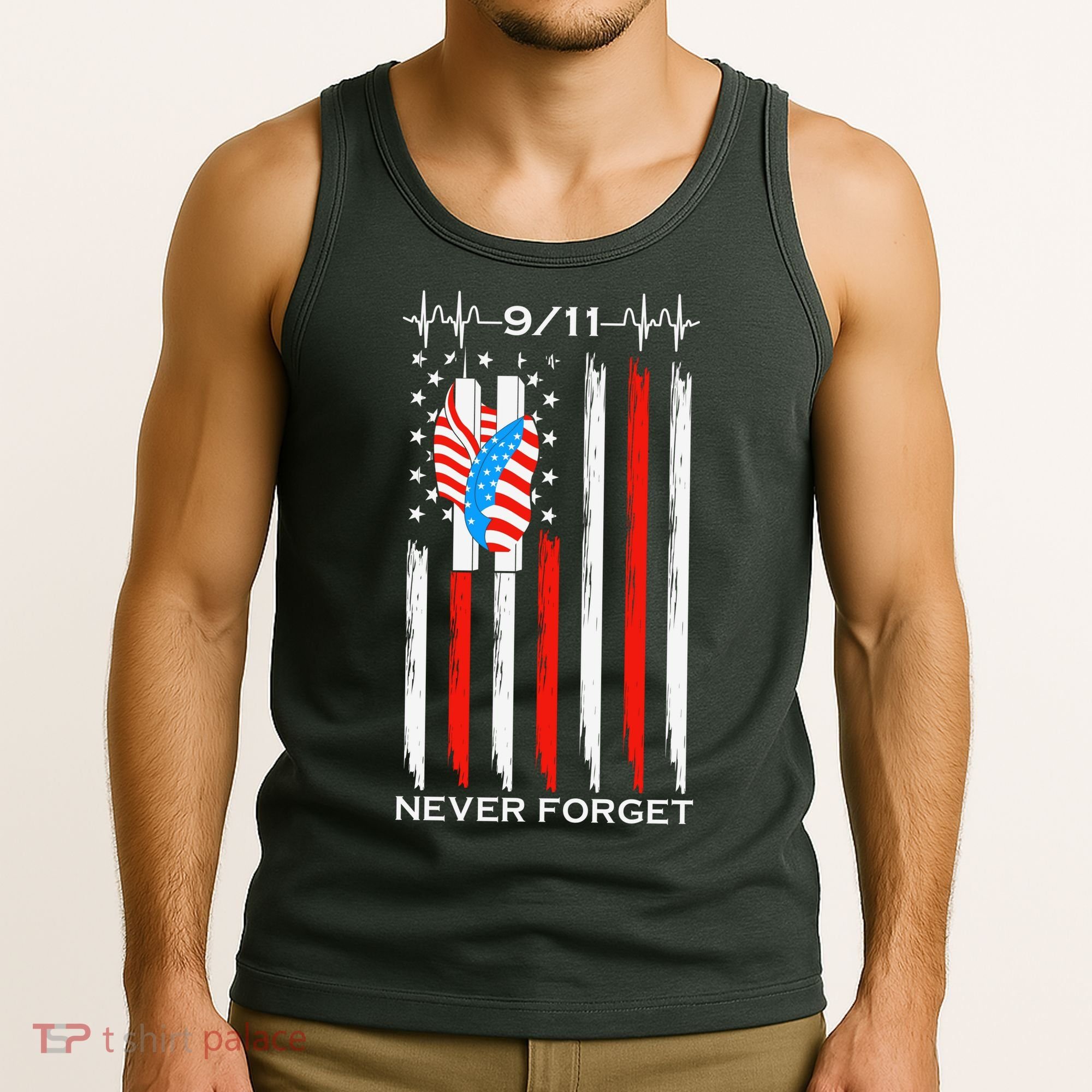 9 11 Never Forget, 9 11 Memorial Twin Tower Heartbeat, USA Flag Graphic Tank Top