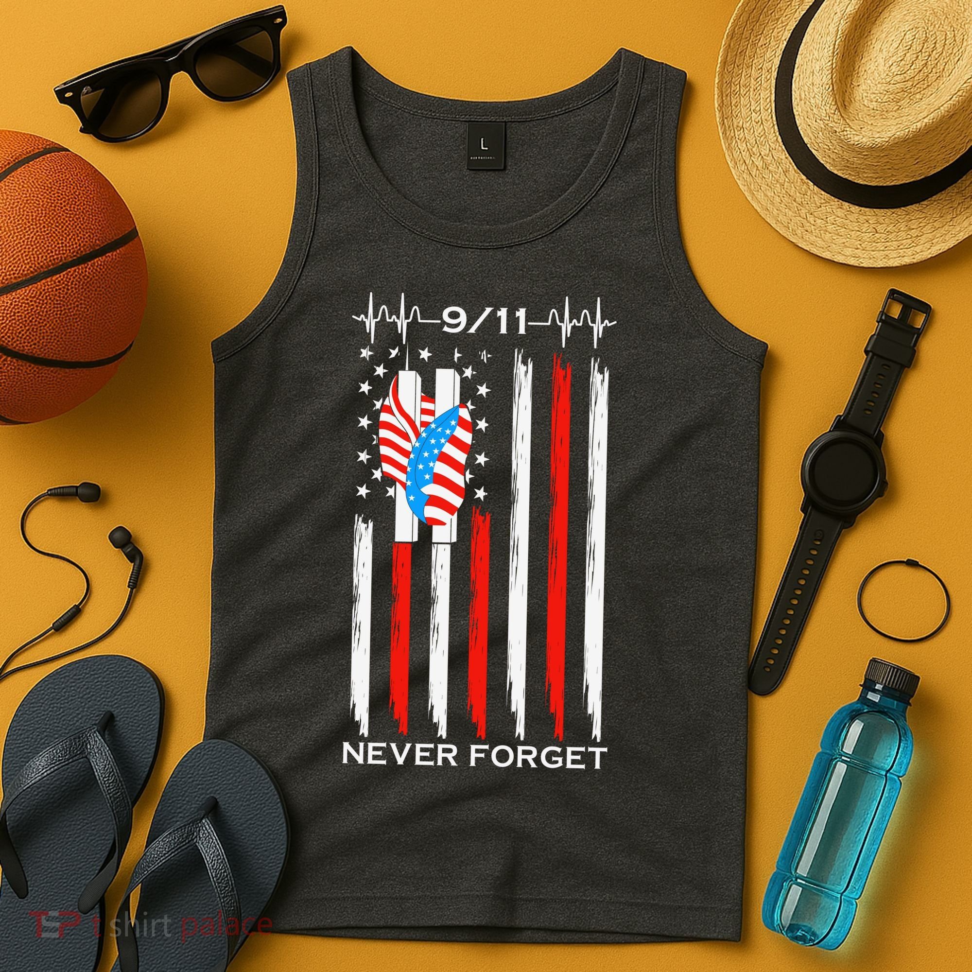 9 11 Never Forget, 9 11 Memorial Twin Tower Heartbeat, USA Flag Graphic Tank Top