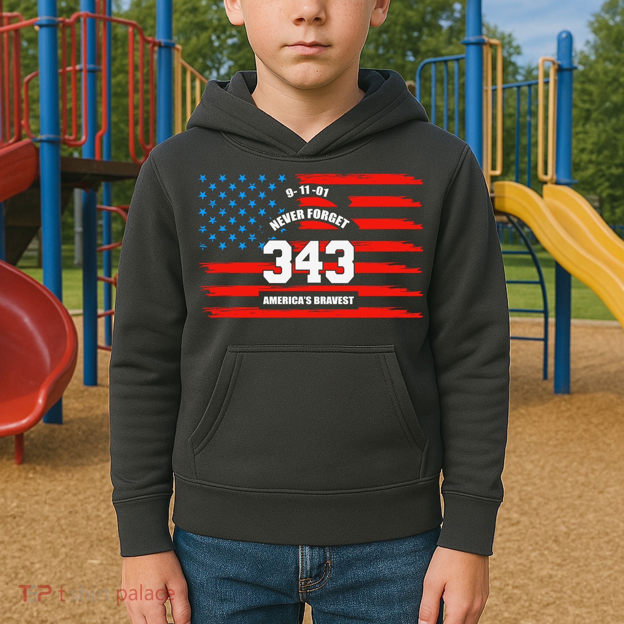 9 11 Never Forget, Firefighter 343 America Bravest Kids Hoodie