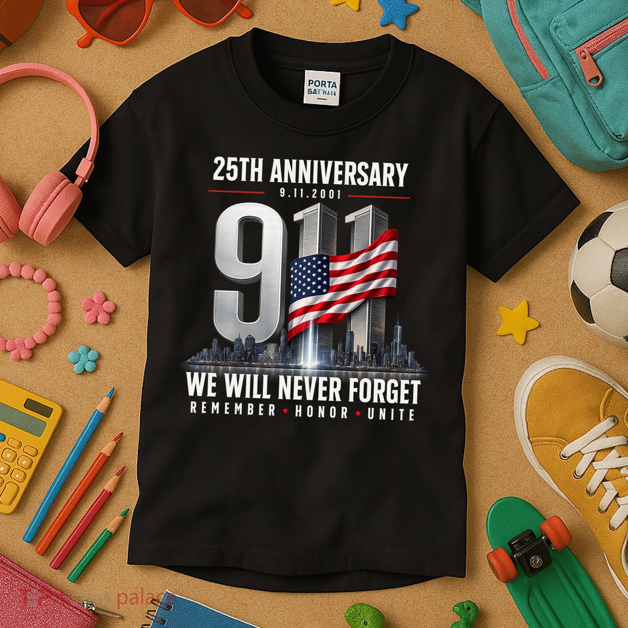 9/11 25th Anniversary Memorial Tribute Never Forget 911 Kids T-Shirt