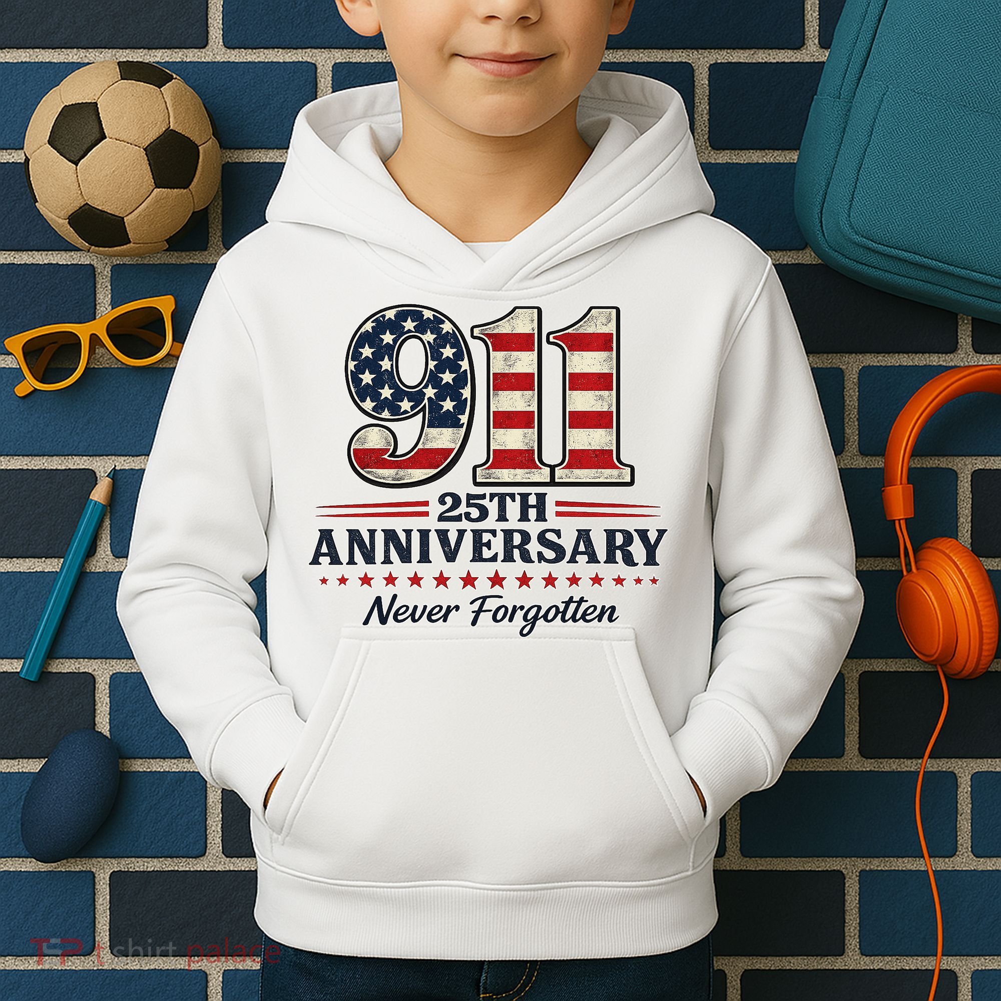 911 25th Anniversary USA Never Forgotten Tribute 9/11 Kids Hoodie