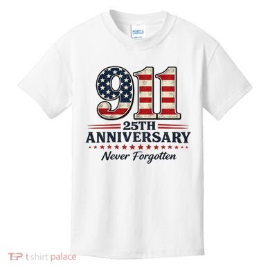 911 25th Anniversary USA Never Forgotten Tribute 9/11 Kids T-Shirt