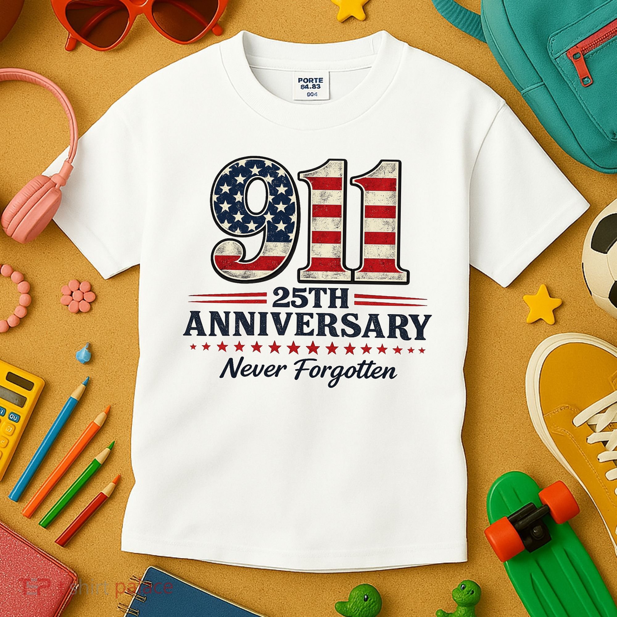 911 25th Anniversary USA Never Forgotten Tribute 9/11 Kids T-Shirt