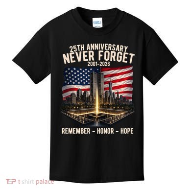 9/11 25th Anniversary Never Forget 911 Memorial 2001-2026 USA Kids T-Shirt